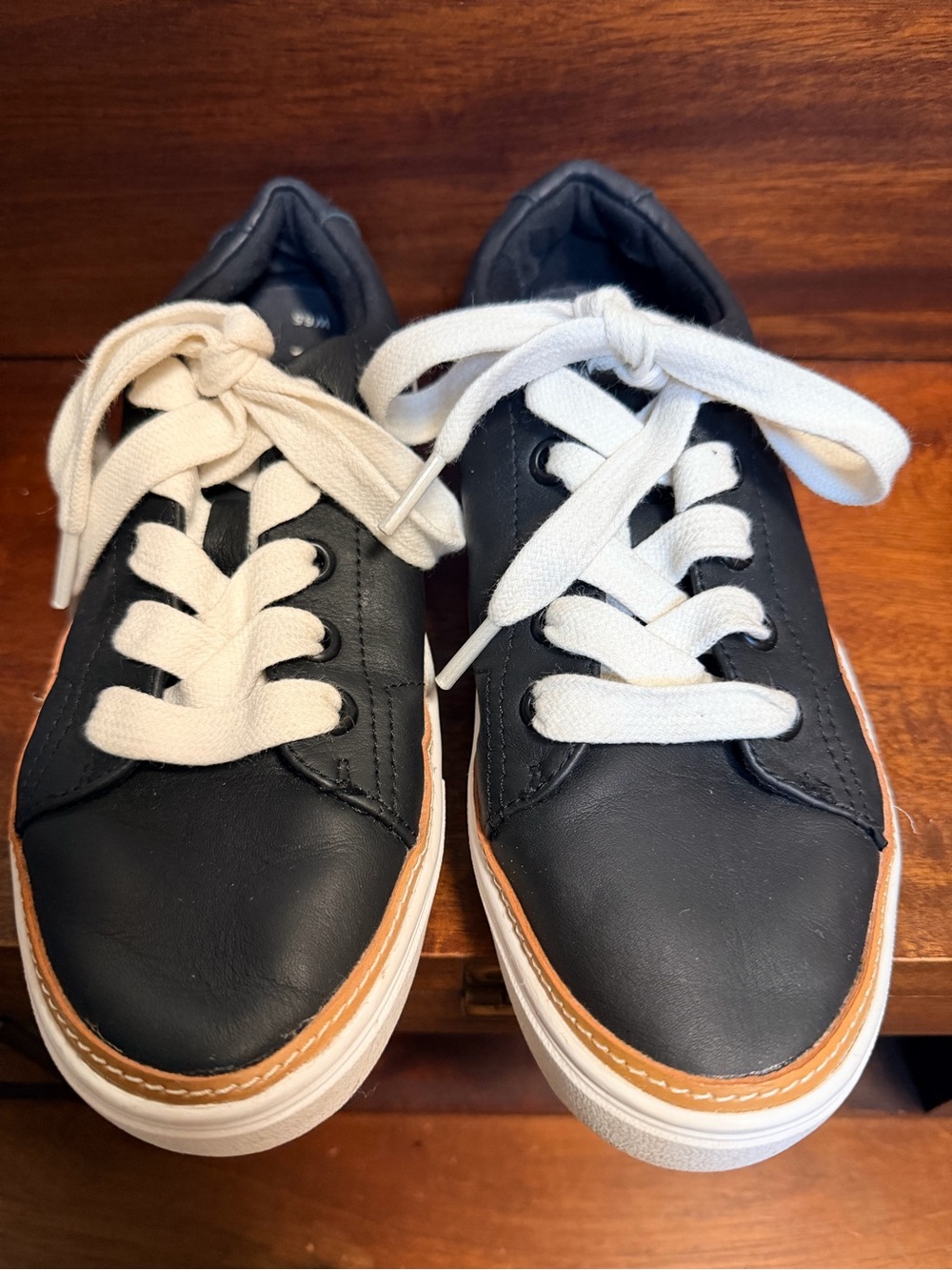 TOMS Alex Black Leather Sneakers with White Laces and Tan Trim, EUC